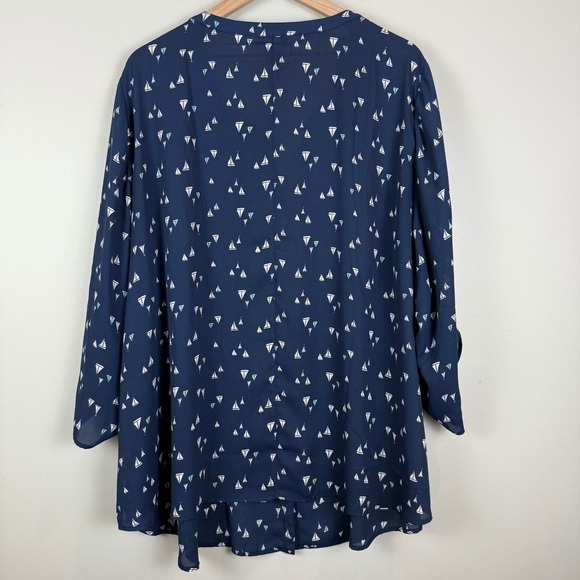 Catherine Top Women's 3X Blue White Sailboat Print Roll-Tab Sleeve Preppy Retro - Picture 3 of 7